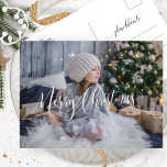 Custom, Merry Christmas Script Photo Overlay, Holiday Postcard<br><div class="desc">Elegant and simple, custom photo holiday postcard with beautiful "Merry Christmas" photo overlay in modern calligraphy, with ability to "move and drag" to any position to suit your photo best by selecting customise further, and using editor tool, with link button located at the end of template text boxes. Simply select...</div>