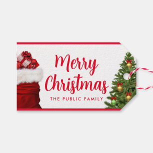 Custom Merry Christmas Script Text Pine Tree Red Gift Tags