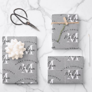 Custom Merry Christmas Vintage Grey Monogram   Wrapping Paper Sheet