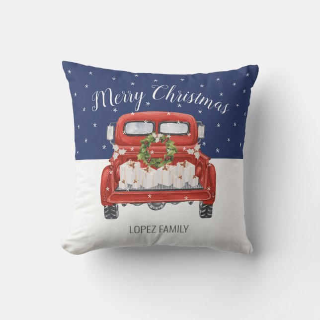 Custom Merry Christmas Vintage Red Truck Blue Cushion (Front)