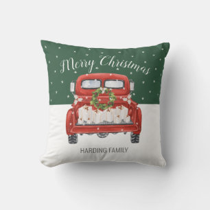 Custom Merry Christmas Vintage Red Truck Green Cushion