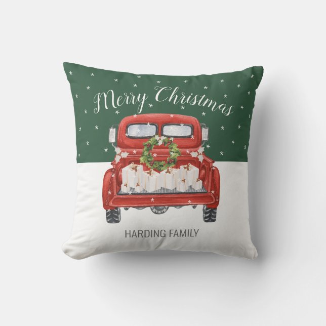 Custom Merry Christmas Vintage Red Truck Green Cushion (Front)