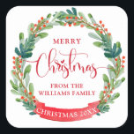 Custom, Merry Christmas Wreath, Script, Festive Square Sticker<br><div class="desc">Beautiful envelope seal or gift label design with attractive watercolor holiday wreath in green and red tones framing beautiful "Merry Christmas" phrase in a mixture of hand written calligraphy and block typography with text area for your name(s), as well as red wreath's ribbon text where you can add your own...</div>