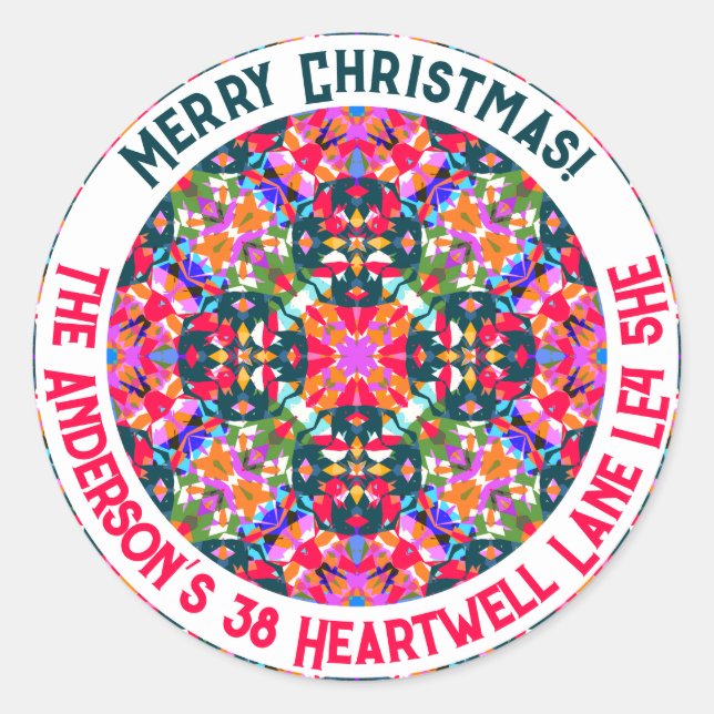 Custom Merry Colorful Modern Christmas Address Classic Round Sticker (Front)