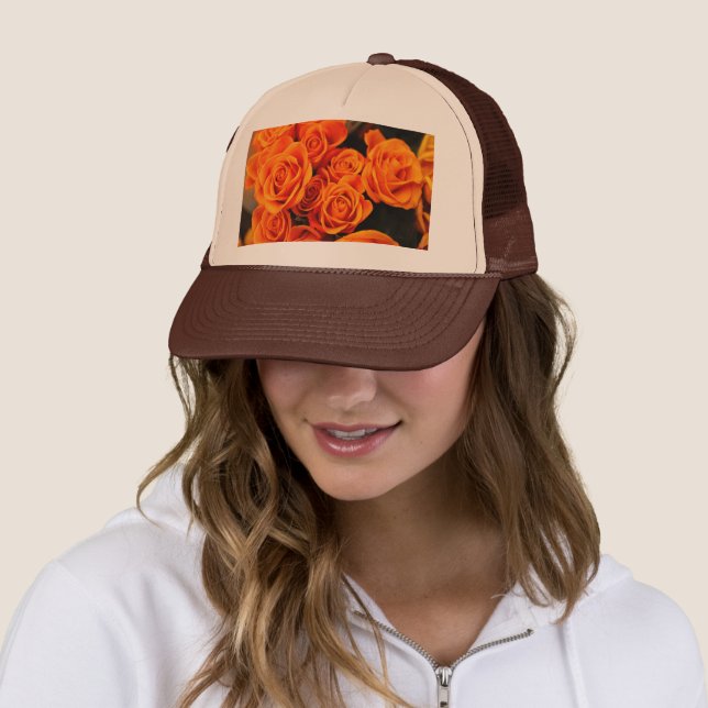 Custom Mesh Back-Cap Orange Rose Printed Brown  Trucker Hat (In Situ)