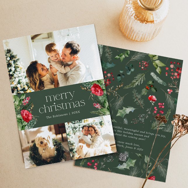Custom Message 3 Photo Green Botanical Christmas Holiday Card (Creator Uploaded)