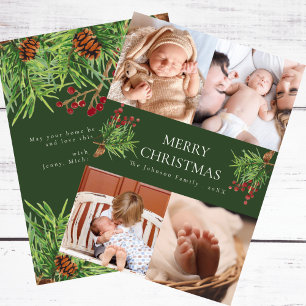 Custom Message 4 Photo Green Botanical Christmas Holiday Card