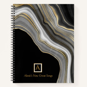 Custom Message and Monogram, Agate Gold Grey Black Notebook