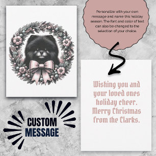 Custom Message Black Pomeranian Vintage Wreath Card