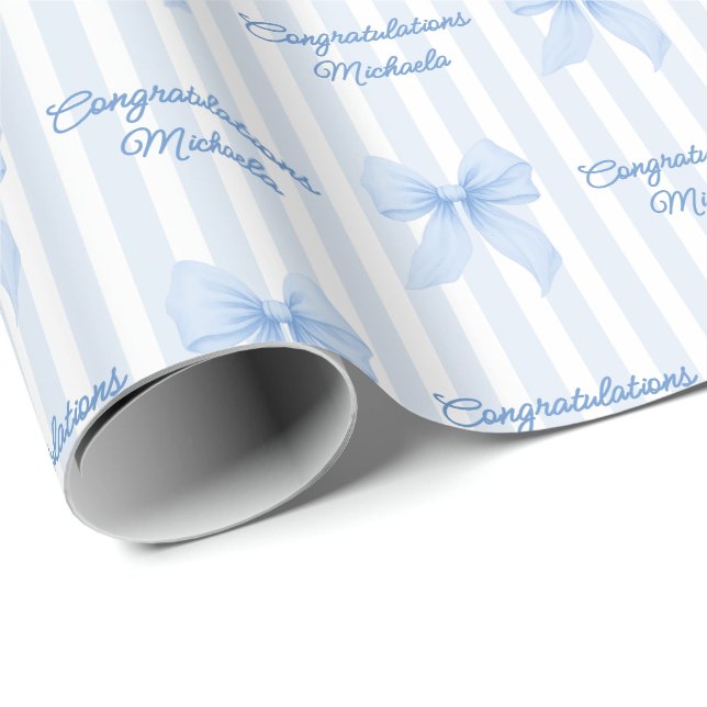 Custom Message Blue Coquette Bows Congratulations Wrapping Paper (Roll Corner)