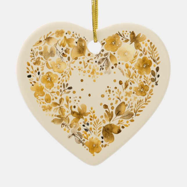 Custom Message Golden Colourful Floral Heart Gift  Ceramic Tree Decoration (Front)