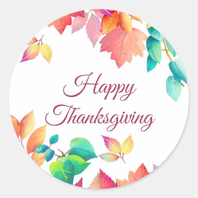 CUSTOM MESSAGE Happy Thanksgiving Autumn Leaves Classic Round Sticker (Front)