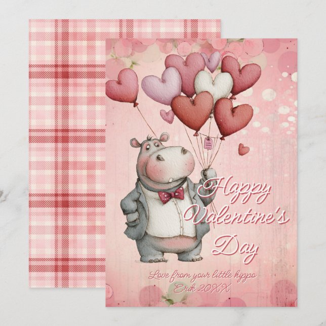 Custom Message Hippo Animal Valentines Day Holiday Card (Front/Back)