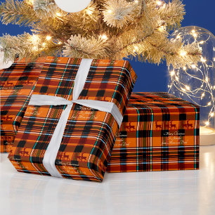 Custom message on Christmas plaid reindeer Wrapping Paper
