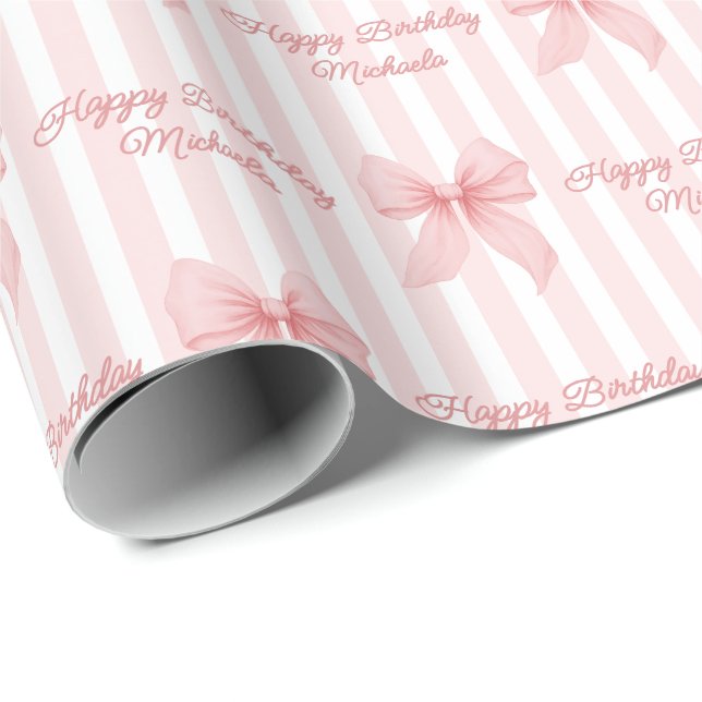 Custom Message Pink Coquette Bows Happy Birthday Wrapping Paper (Roll Corner)