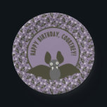 Custom Message Purple, Charcoal Grey Cartoon Bat Paper Plate<br><div class="desc">These paper plates are perfect for serving up a tasty slice of birthday cake at your bat-themed party. They feature a cute cartoon illustration of a bat and your own custom message against a smoky purple coloured background all accented by a fun bats and polka dots pattern.</div>