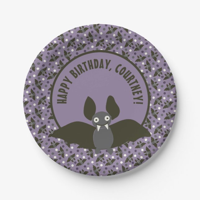 Custom Message Purple, Charcoal Grey Cartoon Bat Paper Plate (Front)
