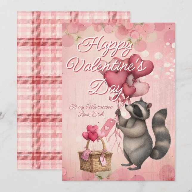 Custom Message Raccoon Animal Valentines Day Holiday Card (Front/Back)