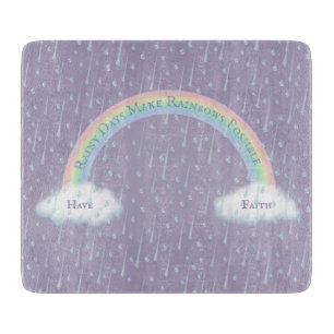 Custom Message Rainbow Arch & Fluffy White Clouds Cutting Board