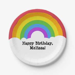 Custom Message Retro Rainbow and Clouds Paper Plate