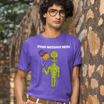 Custom Message Space Alien and Balloons Graphic T-Shirt<br><div class="desc">Add a funny slogan or a personalised message to this graphic tee that features an illustration of a space alien holding some planet-shaped balloons.</div>