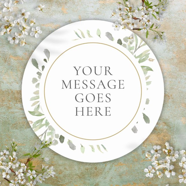 Custom Message Watercolor Leaves Greenery Wedding Classic Round Sticker (Custom Message Watercolor Leaves Greenery Wedding Classic Round Sticker)
