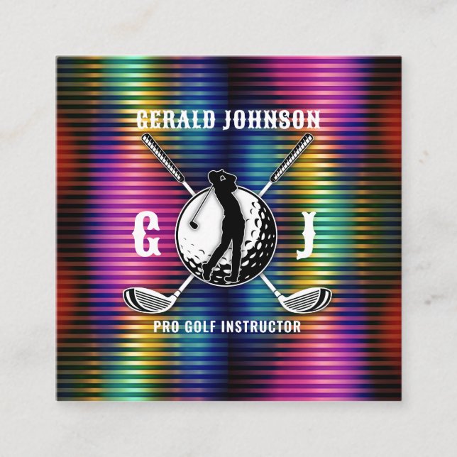 Custom Metallic Colourful Golf Monogram Design Square Business Card (Front)