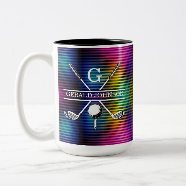 Custom Metallic Colourful Golf Monogram Design Two-Tone Coffee Mug (Left)