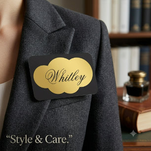 Custom Metallic Gold Name Tag on Elegant Black Des