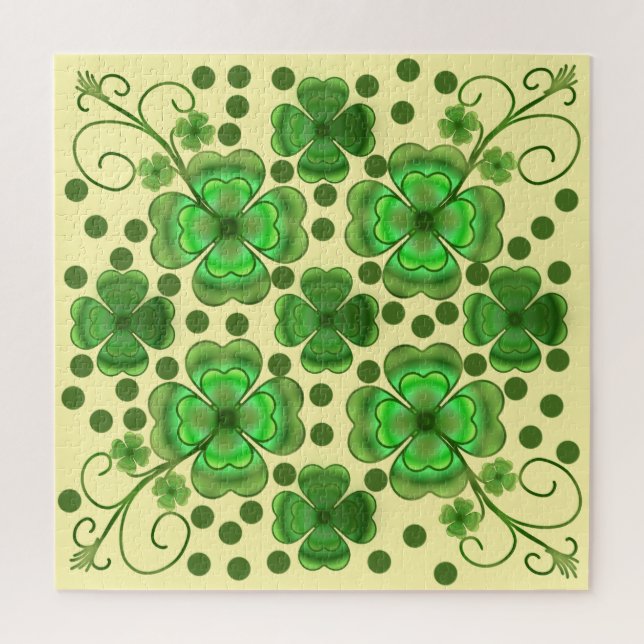 Custom Metallic Green Clover & Swirl Pattern  Jigsaw Puzzle (Vertical)