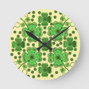 Custom Metallic Green Clover & Swirl Pattern  Round Clock
