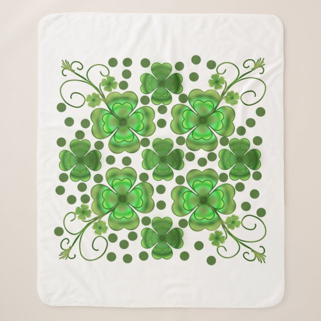 Custom Metallic Green Clover & Swirl Pattern  Sherpa Blanket (Front)
