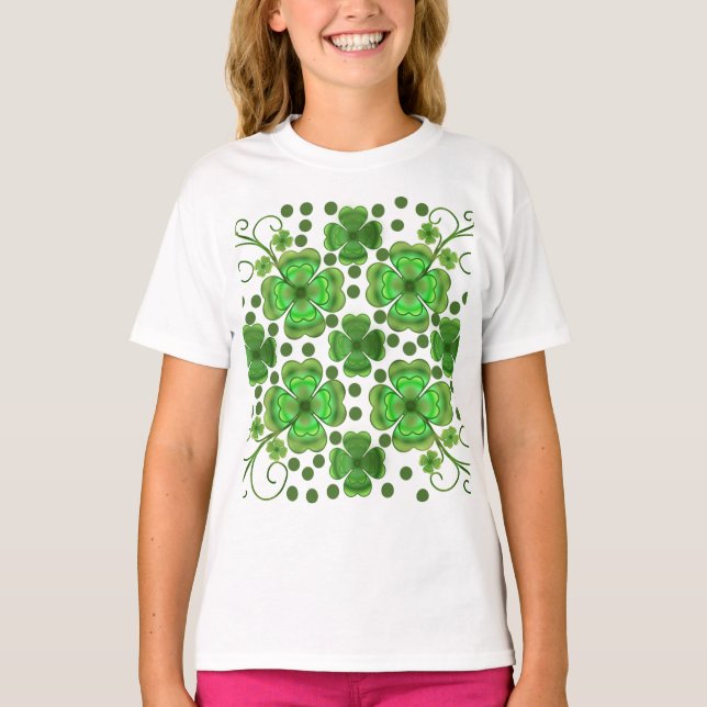 Custom Metallic Green Clover & Swirl Pattern  T-Shirt (Front)