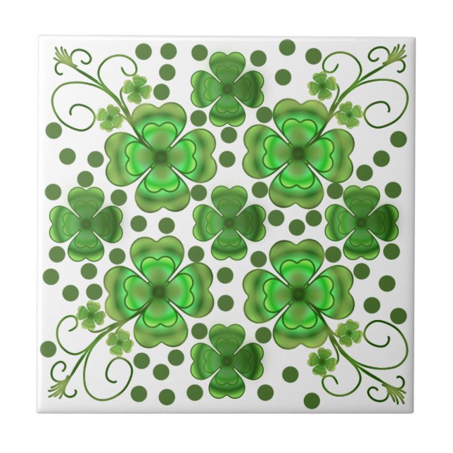 Custom Metallic Green Clover & Swirl Pattern  Tile (Front)