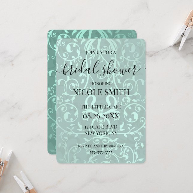 Custom Metallic Vintage Pattern Bridal Shower Invitation (Front/Back In Situ)