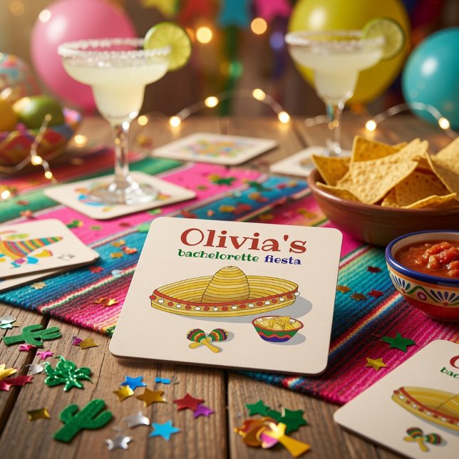 Custom Mexican Fiesta Bachelorette Party  Square Paper Coaster (Creator Uploaded)