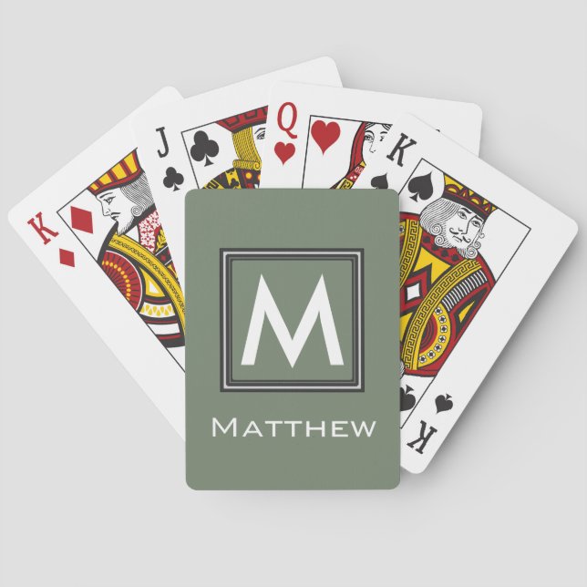 Custom Military Green Classic Framed Monogram Playing Cards (Back)