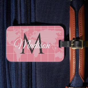 Custom Millennial Pink World Map Monogram Name Luggage Tag