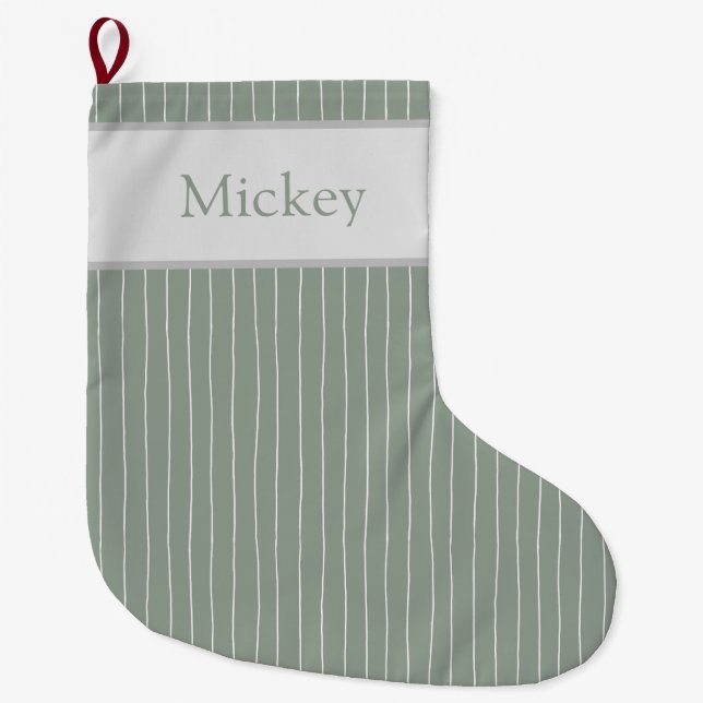 CUSTOM minimal handdrawn pinstripe- sage Large Christmas Stocking (Front)