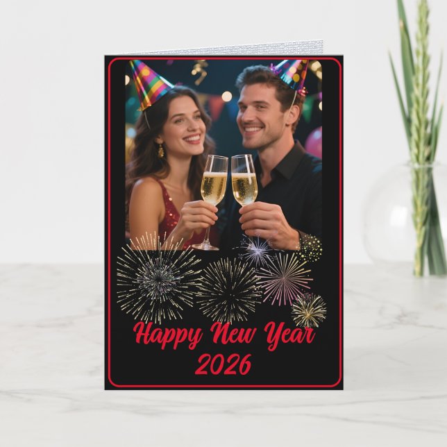 Custom Minimal Photo Happy New Year Firework Card (Front)