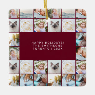 Custom Minimal Simple Photo Collage Grid Burgundy Ceramic Ornament