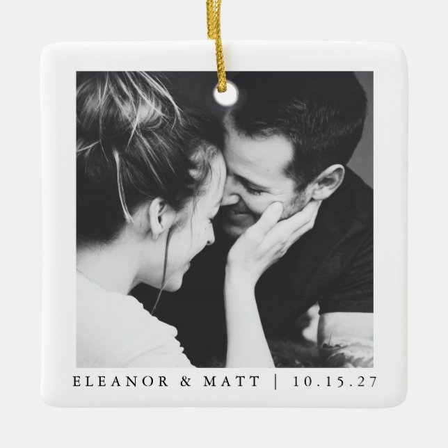 Custom Minimalist Black White Couple Photo Wedding Ceramic Ornament (Front)