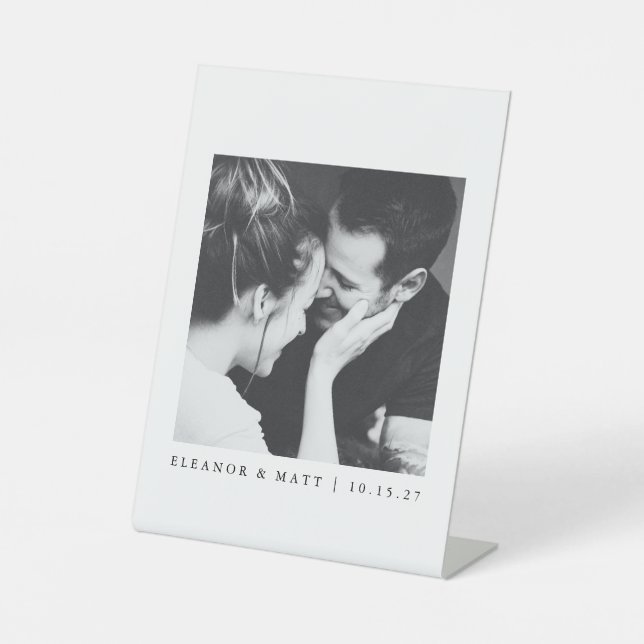 Custom Minimalist Black White Couple Photo Wedding Pedestal Sign (Front)