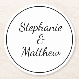 Custom Minimalist Black White Wedding Bride Groom Round Paper Coaster