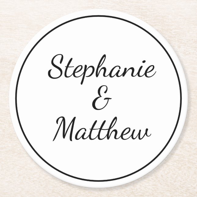 Custom Minimalist Black White Wedding Bride Groom  Round Paper Coaster (Front)