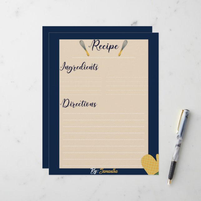 Custom Minimalist blue Culinary Recipe Sheet (Front/Back In Situ)