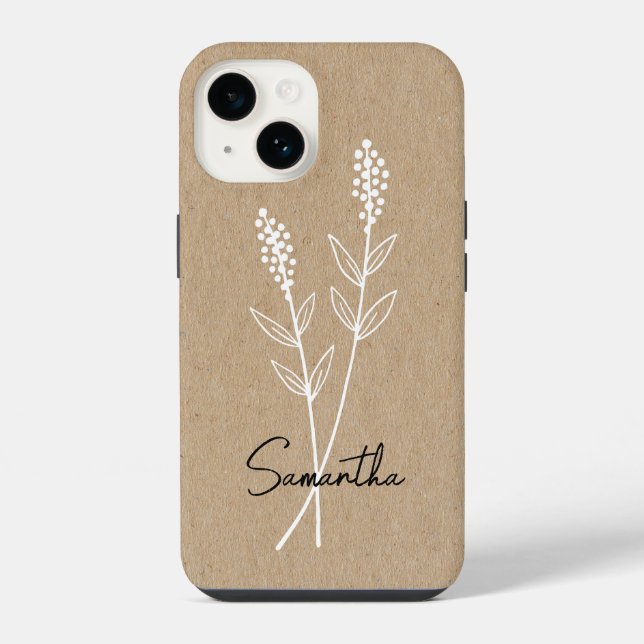 Custom Minimalist Brown Floral iPhone 14, 15 case (Back)