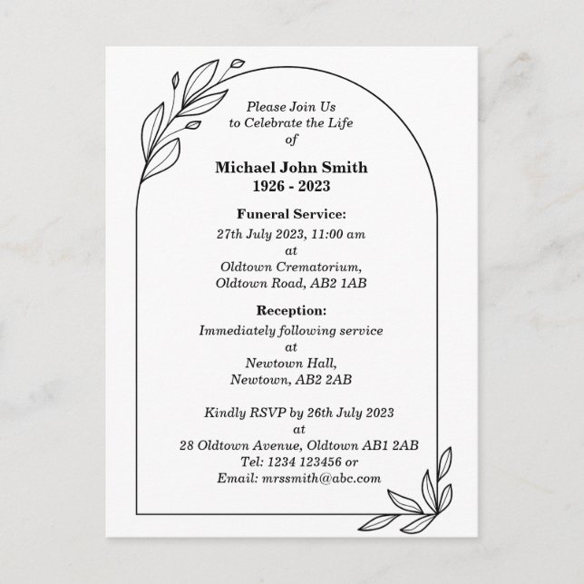 Custom Minimalist Funeral Invitation Card (Front)