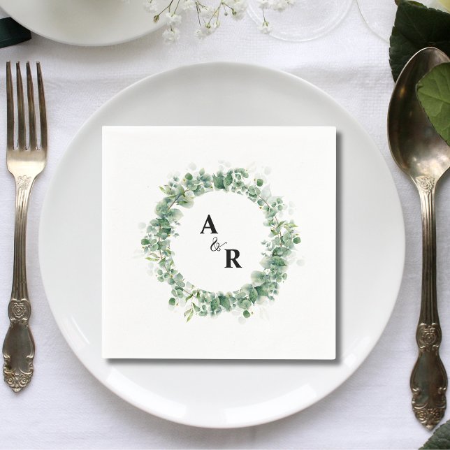 Custom Minimalist Greenery Monogram Wedding Paper Napkin (Creator Uploaded)