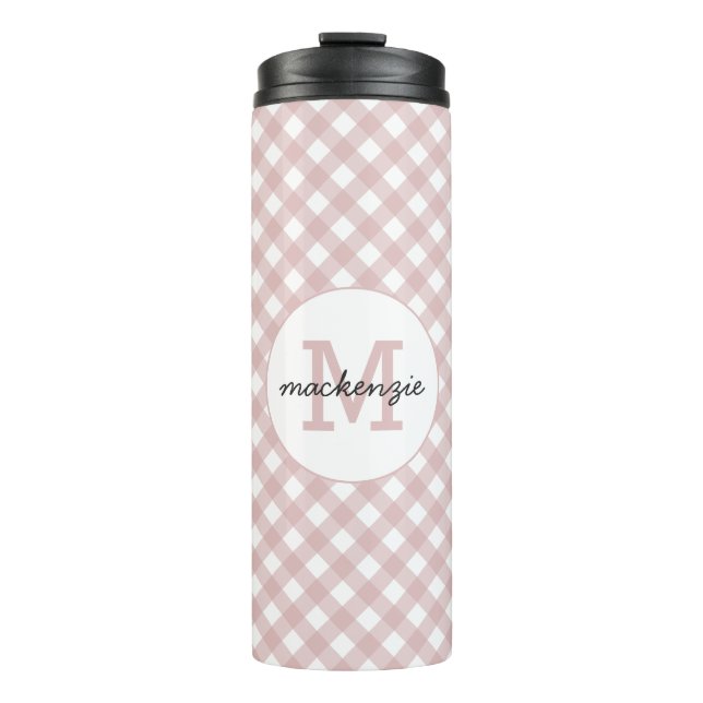 Custom Minimalist Muted Pink Shade Plaid Pattern Thermal Tumbler (Front)